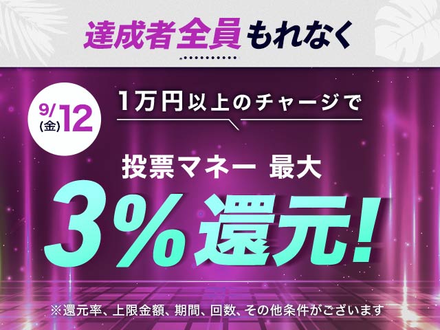 【9/12】チャージ還元キャンペーン(一度に10,000円以上のチャージで最大15,000円もらえる）
