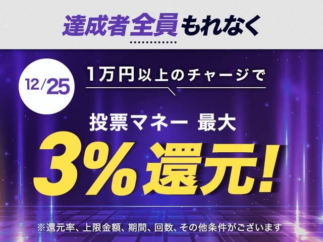 【12/25】チャージ還元キャンペーン(一度に10,000円以上のチャージで最大15,000円もらえる）