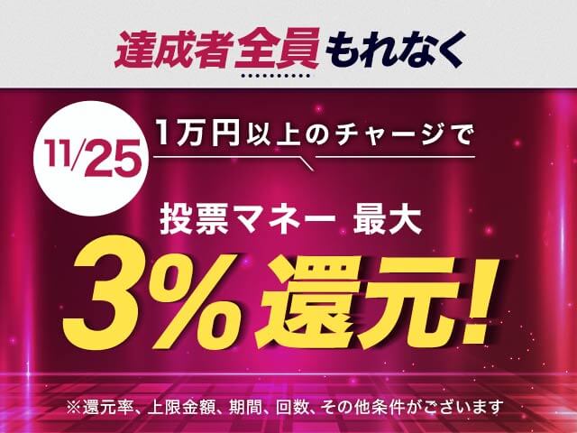 【11/25】チャージ還元キャンペーン(一度に10,000円以上のチャージで最大15,000円もらえる）